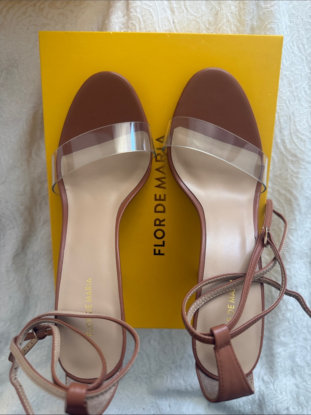 Tan Leather Stiletto Sandals with Clear Strap